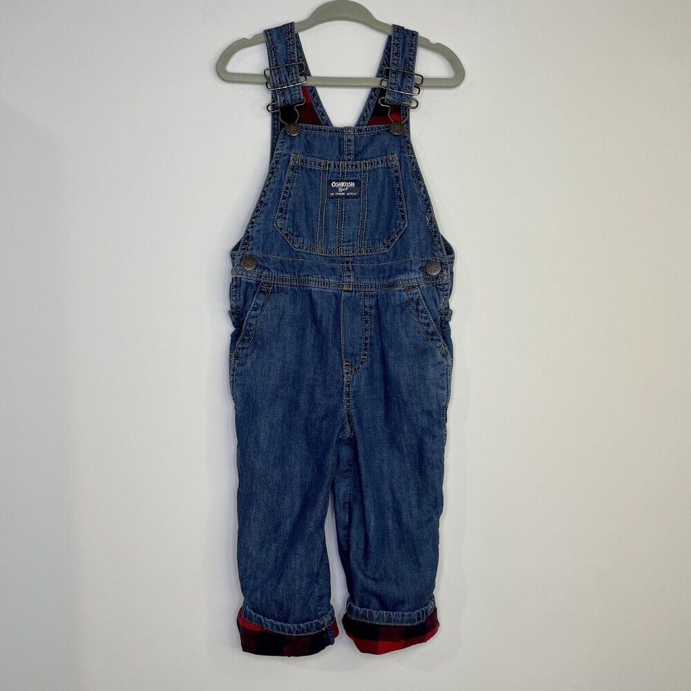 OshKosh B'gosh Plaid Overalls Kids 2T Dark Wash Flannel Lined Toddler Photos